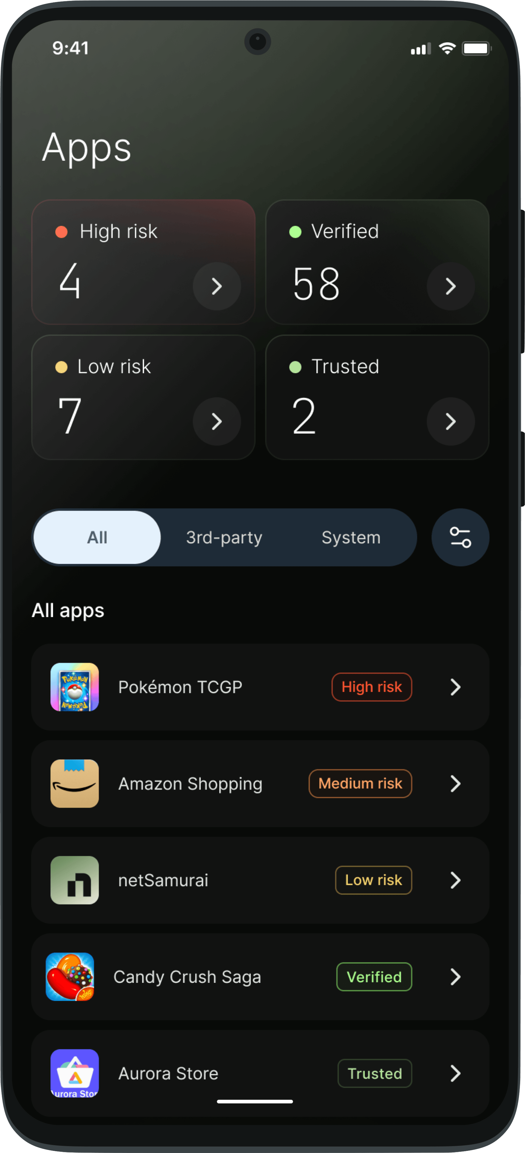netSamurai per-app network protection screen